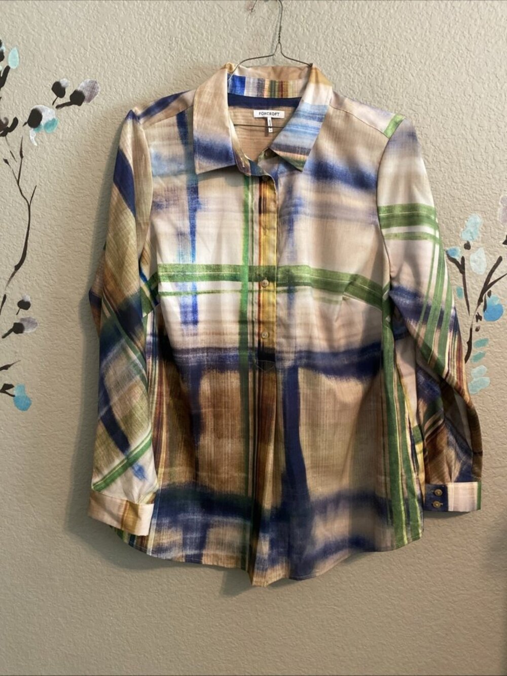 Foxcroft Plaid Brushstroke Button Down Henley Top 2x Artsy Boho Lightweight